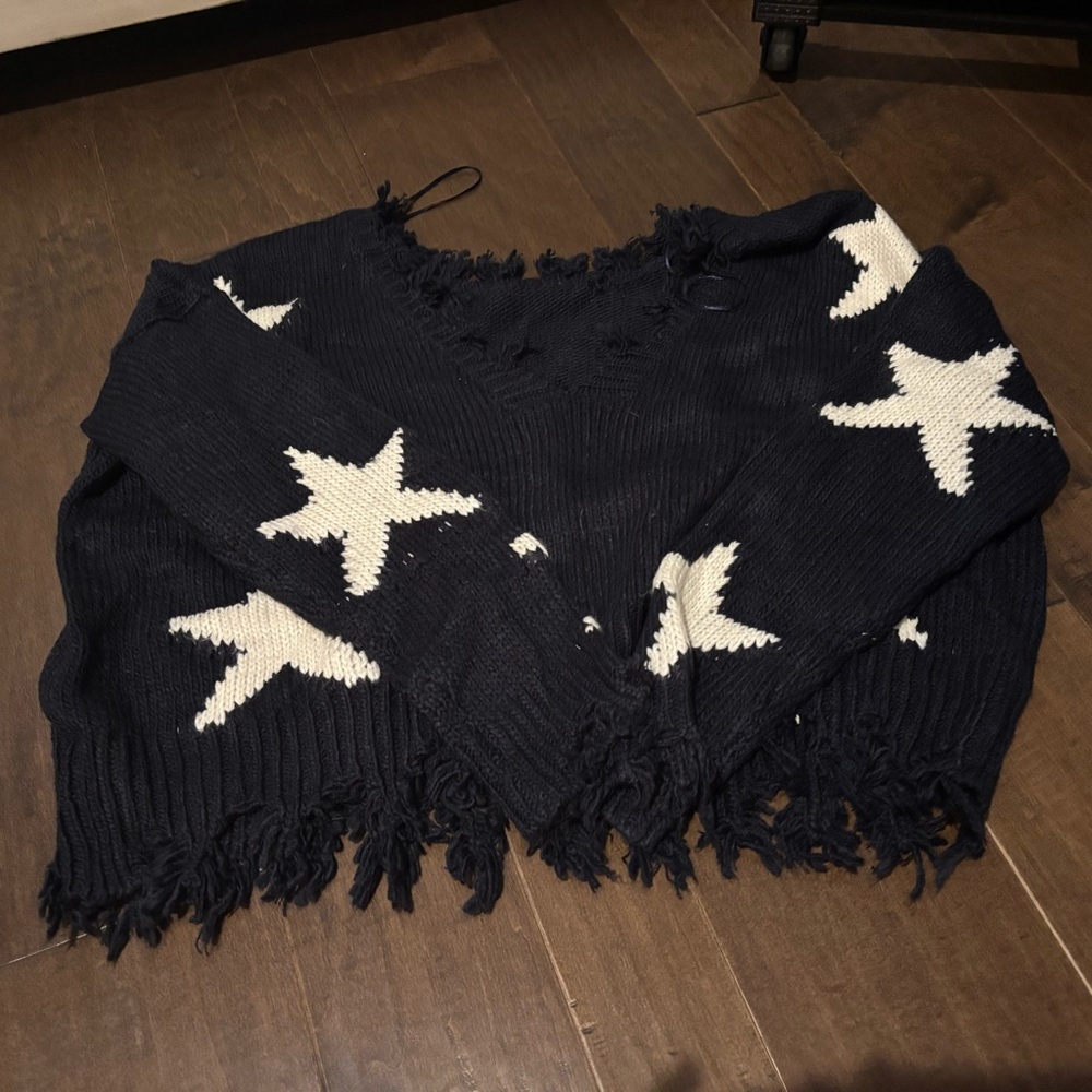 Blue and White Off-the-Shoulder Sweater with Dynamic Design